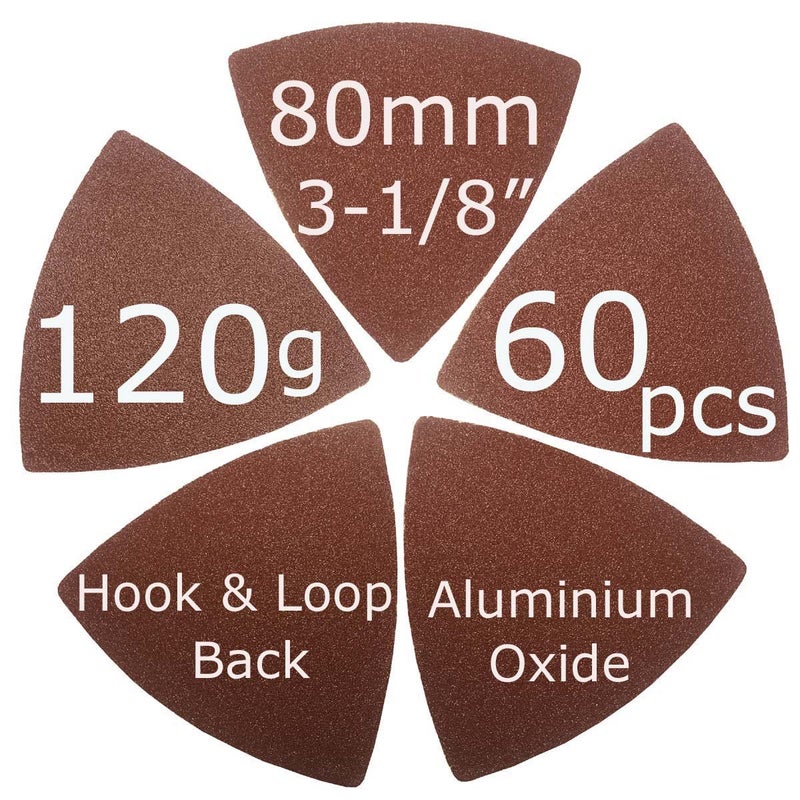 XXGO 60 Pcs 120 Grits Triangular 3-1/8 Inch 80mm Hook & Loop Oscillating Tool Sanding Paper for Wood Sanding Fit 3-1/8 Inch 80mm Triangular Oscillating Multi Tool Sanding Pads XG8020120 - Image 2